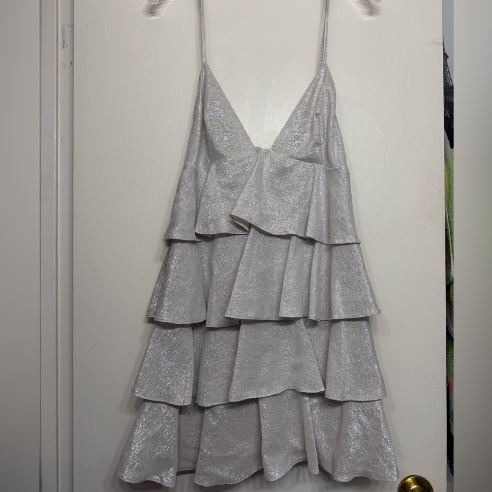 Zara Silver Metallic Tiered Ruffle Mini Dress | Spaghetti Strap | Party -Size M